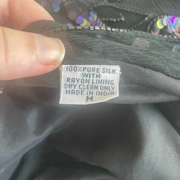 VTG 80’s Laurence Kazar Black Silk Rainbow Iridescent Sequin Rose Mesh Top M 176 - Picture 10 of 15